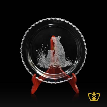 Crystal-center-plate-engraved-with-lion-and-cub-customized-text-engraving-logo