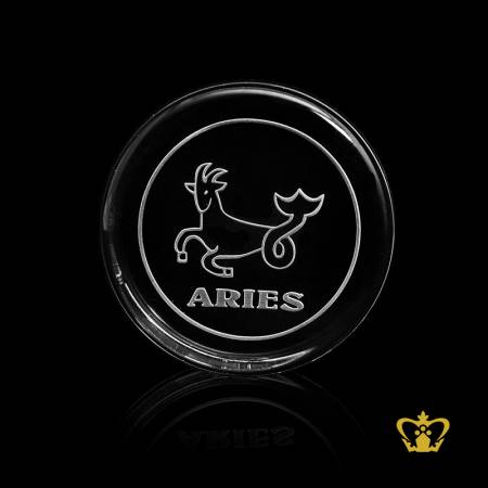Manufactured-artistic-crystal-round-paper-weight-engraved-with-Aries-zodiac-sign