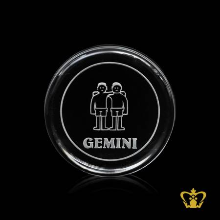 Artistic-custom-made-crystal-round-paper-weight-engraved-with-Leo-and-Gemini-zodiac-signs