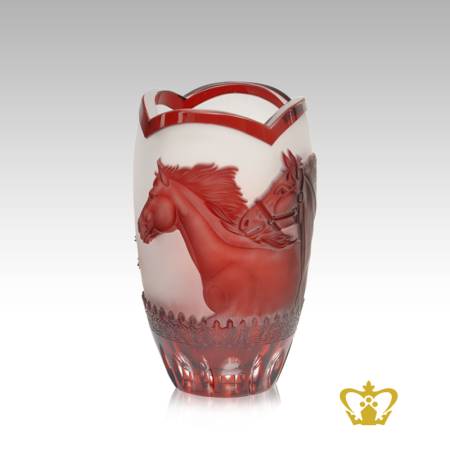 Voguish-elegant-exclusive-red-crystal-vase-handcrafted-with-alluring-running-horses-engraved-decorative-gift