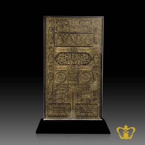 Handcrafted-black-crystal-plaque-holy-Kaaba-door-kiswah-cover-engraved-Arabic-golden-word-calligraphy-with-black-base-Islamic-occasion-gift-Eid-Ramadan-souvenir