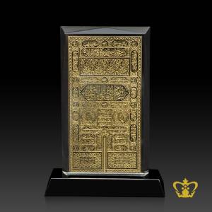 Holy-Kaaba-door-handcrafted-crystal-plaque-kiswah-cover-engraved-arabic-golden-word-calligraphy-with-black-base-Islamic-occasion-gift-Eid-Ramadan-souvenir