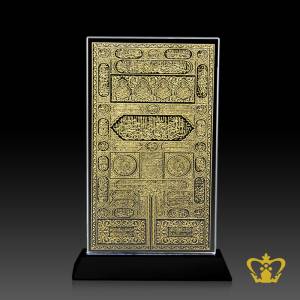 Holy-Kaaba-door-handcrafted-crystal-plaque-kiswah-cover-engraved-Arabic-golden-word-calligraphy-with-black-base-Islamic-occasion-gift-Eid-Ramadan-souvenir