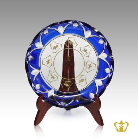 Elegant-exclusive-blue-crystal-plate-with-wooden-display-stand-horses-engraved-decorative-gift