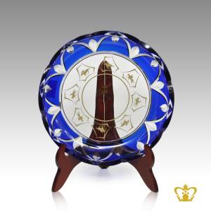 Elegant-exclusive-blue-crystal-plate-with-wooden-display-stand-horses-engraved-decorative-gift