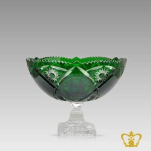 Alluring-green-footed-crystal-bowl-with-scalloped-edge-handcrafted-Islamic-Arabic-word-golden-calligraphy-Ramadan-Eid-special-religious-occasions-gift-souvenir