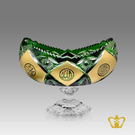 Classy-charming-scalloped-edge-green-footed-crystal-Islamic-bowl-with-Arabic-word-calligraphy-engraved-Allah-Muhammed-Rasulullah-Bismillah-and-handcrafted-diamond-pattern-decorative-gift