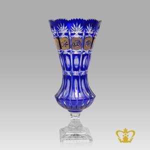 Blue-crystal-footed-vase-golden-Arabic-word-calligraphy-engraved-deep-leaf-cuts-decorative-Islamic-religious-occasion-Ramadan-Eid-gifts