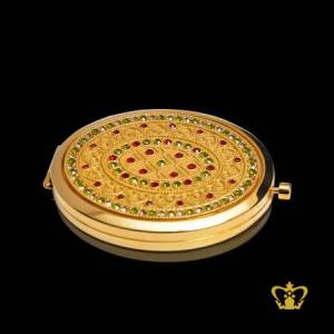 Oval-golden-small-compact-ladies-mirror-embellish-with-green-red-and-clear-crystal-diamond