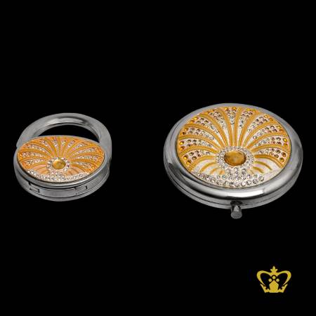 Round-silver-small-compact-ladies-mirror-and-purse-holder-embellish-with-colorful-crystal-stone