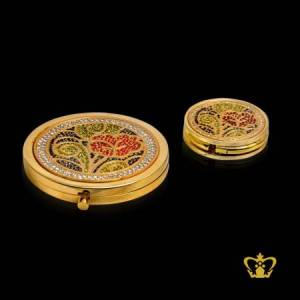 Round-golden-tree-design-small-compact-ladies-mirror-and-purse-holder-embellish-with-multicolor-crystal-stone