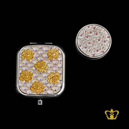 Flower-design-small-compact-ladies-mirror-and-purse-holder-embellish-with-colorful-crystal-stone