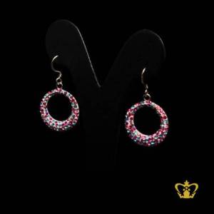 Round-silver-earring-inlaid-with-pink-and-blue-crystal-stone-gorgeous-gift-for-her