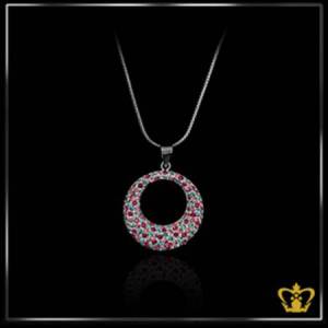 Round-silver-pendant-inlaid-with-pink-and-blue-crystal-stone-gorgeous-gift-for-her