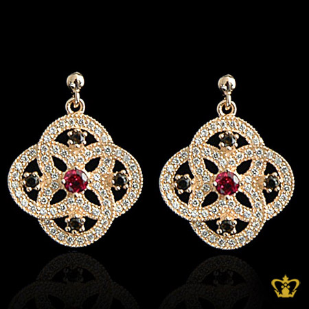 Flower-earring-pink-golden-embellished-with-sparkling-colorful-crystal-diamond