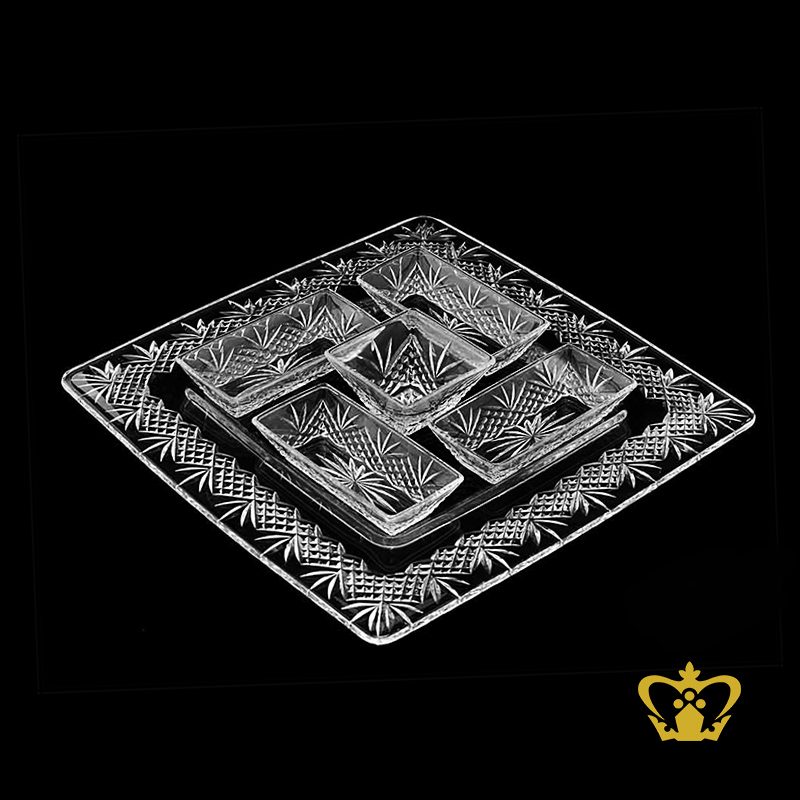 Dazzling-alluring-crystal-tray-with-5-nut-bowls-with-lovely-hand-carved-leaf-diamond-pattern