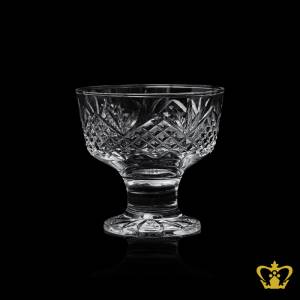 Elegant-timeless-look-footed-crystal-ice-cream-pudding-desert-fruit-bowl-allured-with-classic-diamond-and-leaf-pattern-