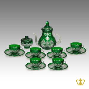 Emerald-green-crystal-tea-set-of-6-cups-and-saucer-embellished-with-intense-hand-carved-vintage-pattern