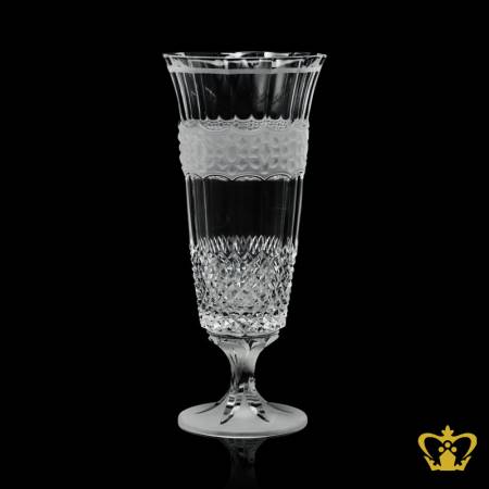 Alluring-elegant-floral-sculpted-stem-footed-adorned-crystal-vase-with-intense-frosted-diamond-pattern-gorgeous-decorative-gift