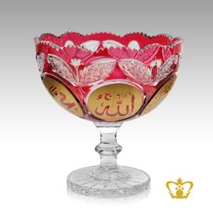 Red-Crystal-Footed-Bowl-Scalloped-Edge-Deep-Star-Leaf-cut-Bismillah-ir-rahman-ir-rahim-la-illah-ila-Allah-Muhammad-Rasul-Allah-Engraved-Golden-Arabic-word-Calligraphy-Decorative-Islamic-Gift-Ramadan-Eid-Souvenir