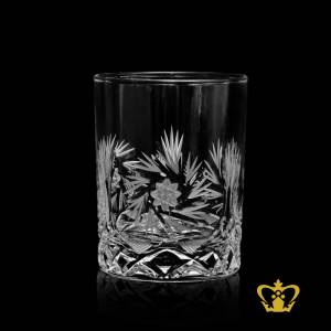 Antique-timeless-look-whisky-tumbler-with-unique-crystal-cut-on-the-bottom-and-Twirling-star-deep-leaf-design-around-the-glass