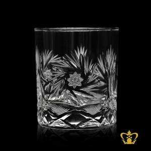 Antique-timeless-look-whisky-tumbler-with-unique-crystal-cut-on-the-bottom-and-Twirling-star-deep-leaf-design-around-the-glass