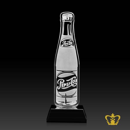 Handcrafted-Crystal-Trophy-Theme-Pepsicola-Bottle-stands-on-Black-Base-Customize-Text-Engraving-Logo-Base-UAE-Famous-Gifts
