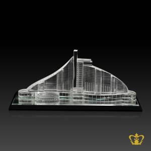 Handcrafted-crystal-replica-of-Jumeirah-Beach-Hotel-with-crystal-black-bevel-base-custom-logo-text-a-famous-hotel-in-UAE