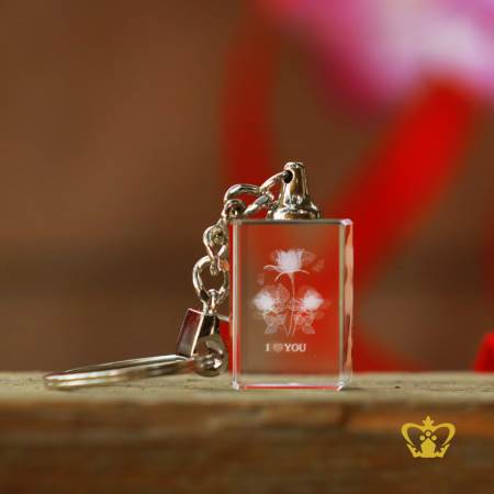 Crystal-small-square-shape-key-chain-3D-rose-flower-laser-engraved-printed-customize-personalize-etched-laser-Birthday-graduation-friends-family-gift-Valentines-Day