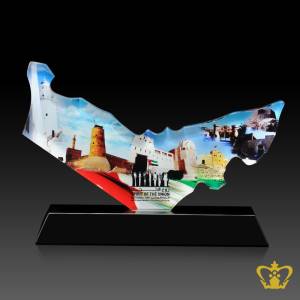 UAE-National-Day-map-cutout-trophy-with-Rulers-and-national-flag-and-engraved-spirit-of-the-union-Qasr-Al-Hosn-Al-Fahidi-Al-Hisn-Dhayah-Fujairah-Ajman-Umm-Al-Quawain-Fort