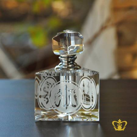 Perfume-Bottle-Crystal-Triangular-Hand-Crafted-Islamic-Occasions-Gift-Arabic-Word-Calligraphy-Allah-Muhammed-Rasul-Allah-And-The-Holy-Kaaba-Engraved-Cube-Customized-Ramadan-Eid-Religious-Souvenir