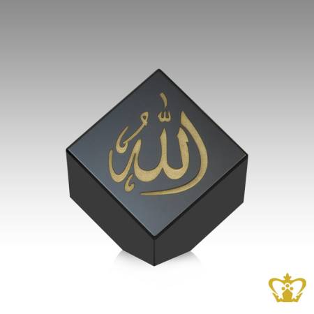 Black-Crystal-Tilted-Cube-Three-Faced-Islamic-Occasions-Gift-Golden-Arabic-Word-Calligraphy-Allah-Muhammed-Rasul-Allah-And-The-Holy-Kaaba-Engraved-Customized-Ramadan-Eid-Religious-Souvenir