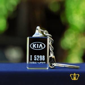 Crystal-cube-key-chain-2D-laser-engraved-with-KIA-logo-with-Dubai-number-plate-personalized-gift-for-friends-family