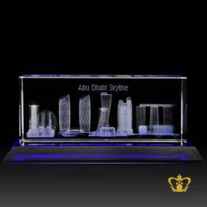 Skyline-of-Abu-Dhabi-famous-landmark-3D-engraving-crystal-cube-with-blue-base-gift-tourist-souvenir