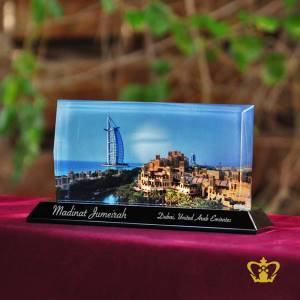 Crystal-Rectangle-Plaque-Horizontal-With-Black-Base-Madinat-Jumeirah-Customized-Logo-Text-3X6-IN