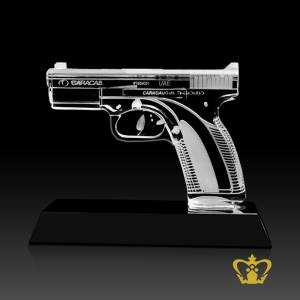 Handcrafted-crystal-pistol-gun-replica-stands-on-black-base-customized-text-logo-engrave