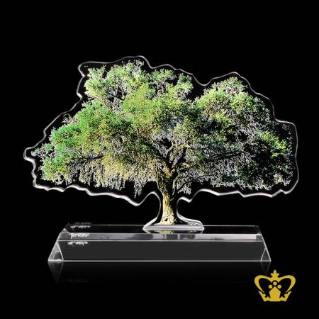 Artistry-crystal-cutout-of-a-tree-stands-on-a-clear-crystal-base-customized-text-engraving-logo