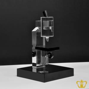 Personalized-crystal-replica-of-a-microscope-with-black-base-customize-text-engraving-logo