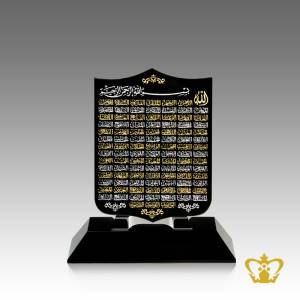 Black-shield-crystal-with-Asma-Al-Hasna-engraved-arabic-word-calligraphy-Islamic-religious-gift-Ramadan-Eid-occasions-customized-logo-text