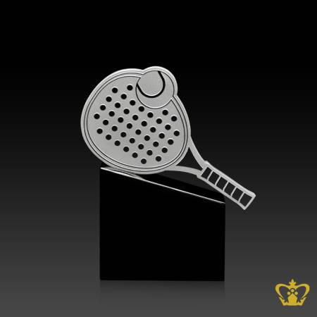 Personalized-crystal-padel-bat-trophy-themed-Padel-Tennis-stands-on-black-crystal-base-customized-text-engraving-logo