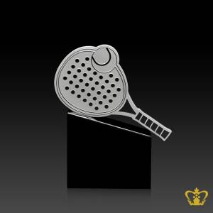 Personalized-crystal-padel-bat-trophy-themed-Padel-Tennis-stands-on-black-crystal-base-customized-text-engraving-logo