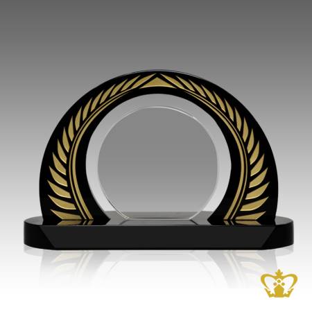 Handcrafted-optic-clear-circle-and-black-crystal-trophy-with-leaf-engraving