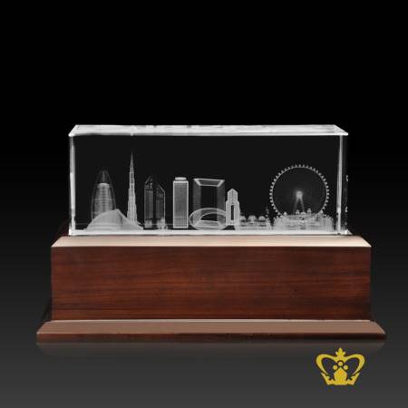 Spectacular-Iconic-Dubai-skyline-3d-laser-engraved-crystal-cube-with-wooden-light-base-tourist-souvenir-corporate-gift-UAE-memento-customized-personalized-logo-text