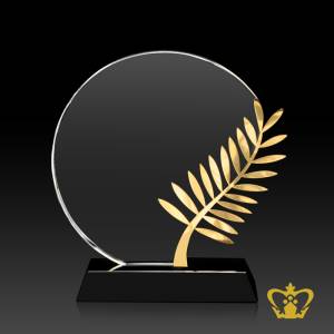 Personalized-crystal-half-circle-trophy-with-metal-leaf-and-black-base-customized-logo-text-engraving