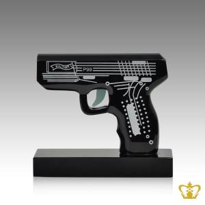 Handcrafted-black-optic-crystal-pistol-gun-replica-stands-on-base-customized-text-logo-engrave