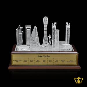 Qatar-skyline-famous-landmark-crystal-replica-with-wooden-base-tourist-gift-souvenir-customized-logo-text-