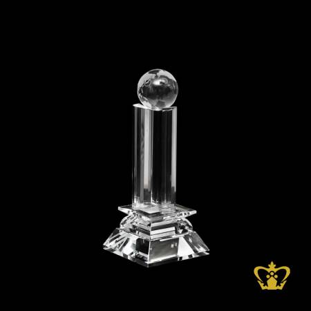 Pillar-trophy-with-globe-on-top-crystal-with-clear-base-customized-text-logo