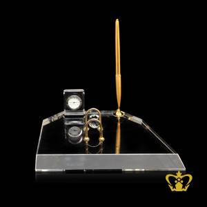 Personalized-crystal-desktop-paper-holder-with-clock-and-pen-customized-with-your-name-designation-logo