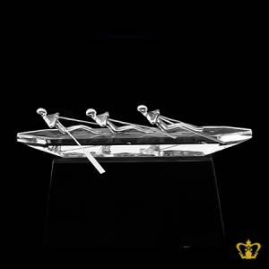 Handcrafted-crystal-replica-of-rowing-boat-with-metal-man-in-clear-crystal-with-black-base-customize-logo-text-engrave
