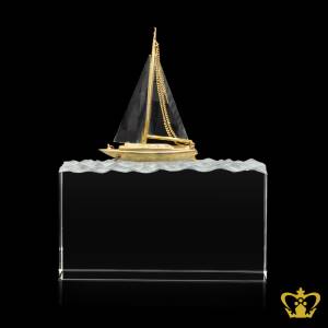 Crystal-Replica-of-Sailing-Boat-in-Golden-Metal-sits-on-a-Clear-Crystal-Base-Custom-Logo-and-text